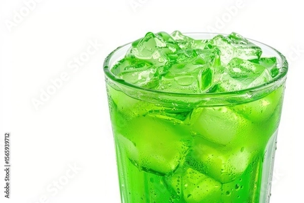 Fototapeta Refreshing green soda soft drinks with ice in a clear tall glass isolated on white background