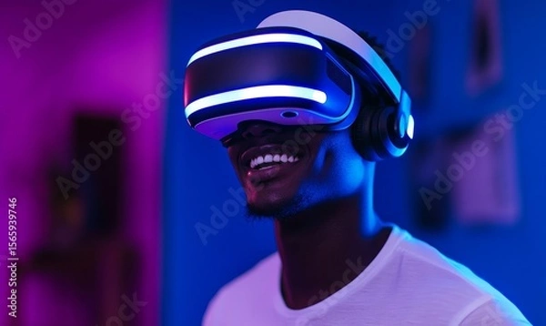 Obraz Happy young man playing a virtual reality game, fully immersed in an exciting gaming experience at home, Generative AI
