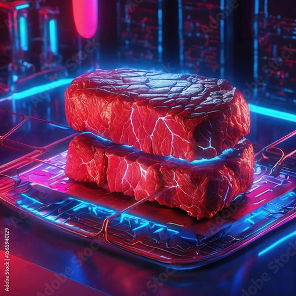 Fototapeta Glowing Neon Steak in Synthwave Style with Scientific Visualization