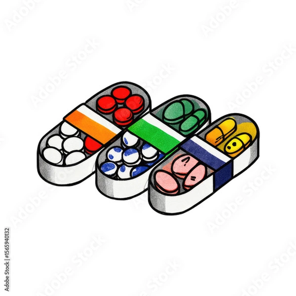 Fototapeta Colorful pill containers in a stylized 'W' shape