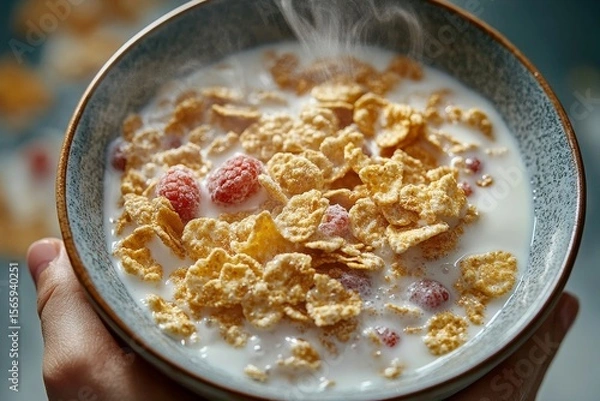 Obraz person eating a bowl of cereal with milk as breakfast, promoting a balanced and nutritious start to the day, Generative AI