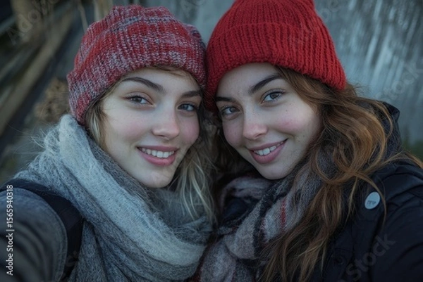 Obraz Two young women having fun taking a selfie, enjoying the moment and capturing memories together during a fun outing, Generative AI