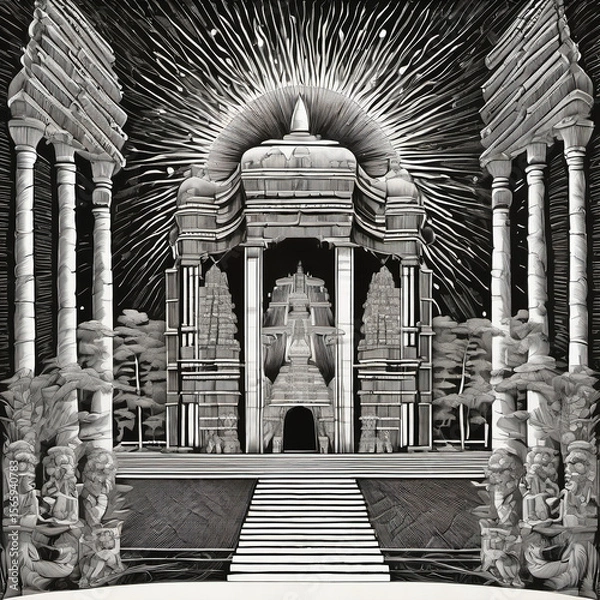Fototapeta Mixed Perspective Temple of Light in Woodcut Style