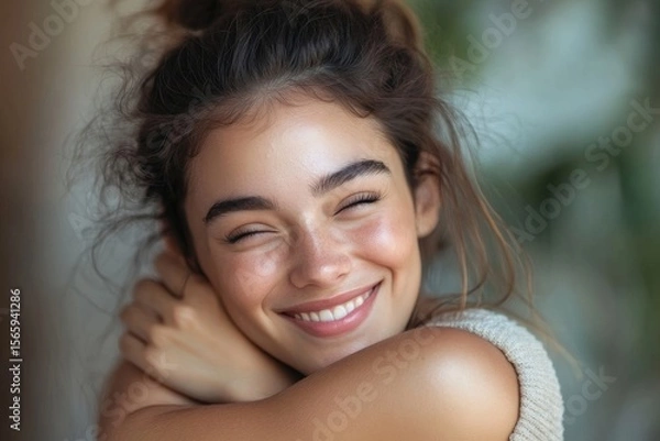 Obraz Self-care and self-esteem concept, a happy young, beautiful woman hugging herself,  self-love and positive affirmations in a peaceful setting, Generative AI