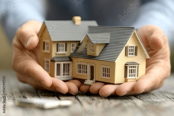 Obraz Transfer of property rights to a customer, close-up shot of a realtor handing over a house model to the client, symbolizing the completion of a property deal, Generative AI