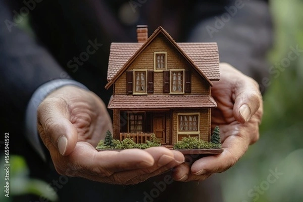 Obraz Transfer of property rights to a customer, close-up shot of a realtor handing over a house model to the client, symbolizing the completion of a property deal, Generative AI
