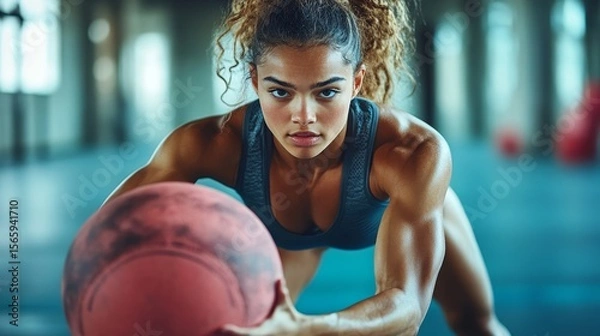 Obraz Muscular female athlete exercising with a medicine ball, enhancing strength and coordination in a dynamic workout session, Generative AI