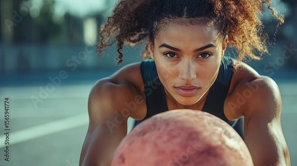 Obraz Muscular female athlete exercising with a medicine ball, enhancing strength and coordination in a dynamic workout session, Generative AI