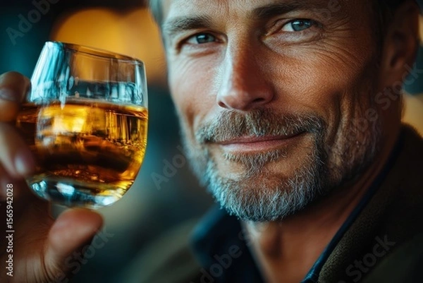 Obraz Close-up of a man holding a glass of whisky, reflecting a moment of relaxation or contemplation, Generative AI