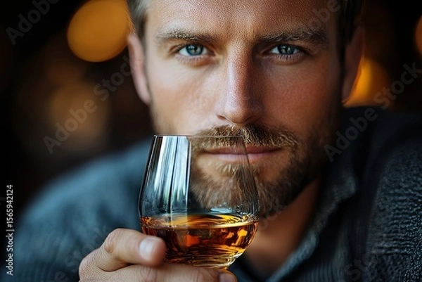 Obraz Close-up of a man holding a glass of whisky, reflecting a moment of relaxation or contemplation, Generative AI