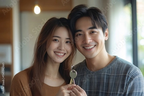 Obraz Relocation and beginning a new life, Asian couple proudly showing the keys to their new apartment after purchasing and moving into their new home, Generative AI