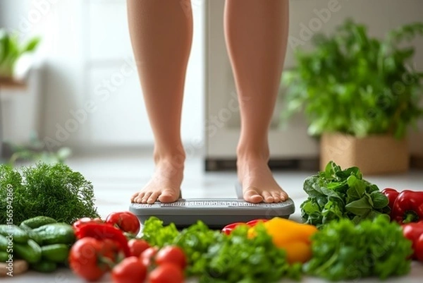 Obraz Person noting their weight and counting calories for daily food intake, managing their diet for healthy living, Generative AI
