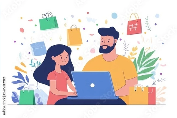 Obraz Online shopping and e-commerce: Father and daughter buying things online, sharing the experience of finding the perfect items together, Generative AI