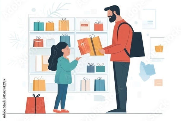 Obraz Online shopping and e-commerce: Father and daughter buying things online, sharing the experience of finding the perfect items together, Generative AI