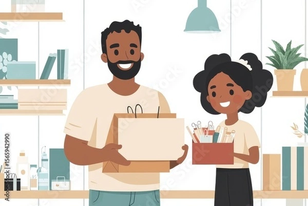Obraz Online shopping and e-commerce: Father and daughter buying things online, sharing the experience of finding the perfect items together, Generative AI