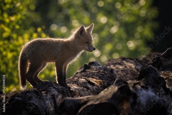 Fototapeta A fox kit on a log, with rim lighting