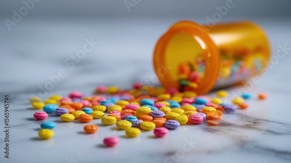 Fototapeta Colorful Pills Scattered on Marble Surface with Blurred Medicine Bottle in Close-Up
