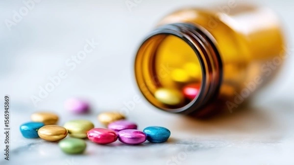 Fototapeta Colorful Pills Scattered on Marble Surface with Blurred Medicine Bottle in Close-Up