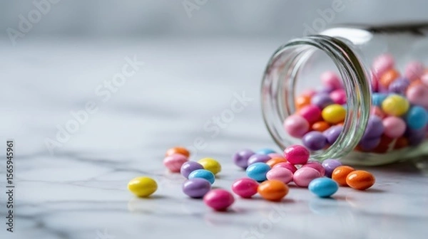 Fototapeta Colorful Pills Scattered on Marble Surface with Blurred Medicine Bottle in Close-Up