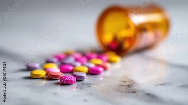 Fototapeta Colorful Pills Scattered on Marble Surface with Blurred Medicine Bottle in Close-Up