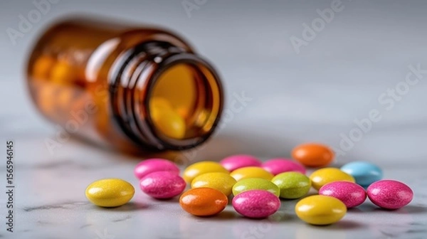 Fototapeta Colorful Pills Scattered on Marble Surface with Blurred Medicine Bottle in Close-Up