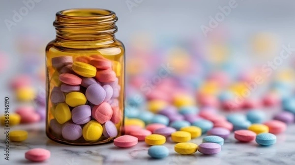 Fototapeta Colorful Pills Scattered on Marble Surface with Blurred Medicine Bottle in Close-Up