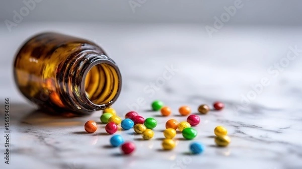 Fototapeta Colorful Pills Scattered on Marble Surface with Blurred Medicine Bottle in Close-Up