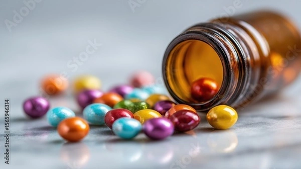 Fototapeta Colorful Pills Scattered on Marble Surface with Blurred Medicine Bottle in Close-Up