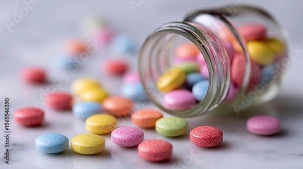 Fototapeta Colorful Pills Scattered on Marble Surface with Blurred Medicine Bottle in Close-Up