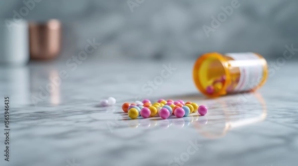 Fototapeta Colorful Pills Scattered on Marble Surface with Blurred Medicine Bottle in Close-Up