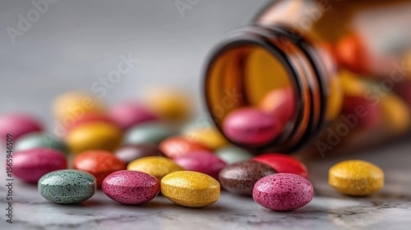 Fototapeta Colorful Pills Scattered on Marble Surface with Blurred Medicine Bottle in Close-Up