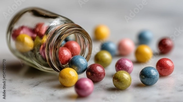 Fototapeta Colorful Pills Scattered on Marble Surface with Blurred Medicine Bottle in Close-Up