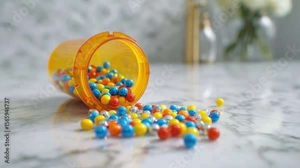 Fototapeta Colorful Pills Scattered on Marble Surface with Blurred Medicine Bottle in Close-Up