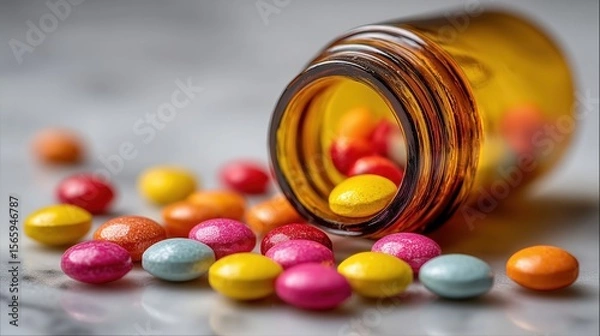 Fototapeta Colorful Pills Scattered on Marble Surface with Blurred Medicine Bottle in Close-Up