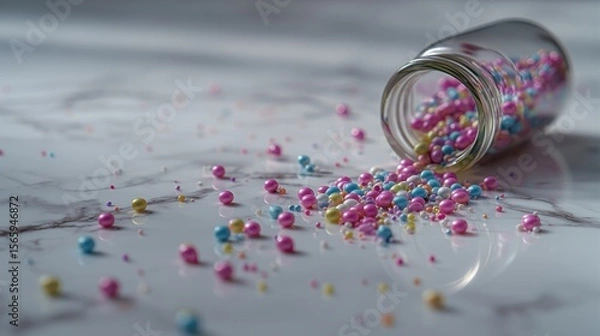 Fototapeta Colorful Pills Scattered on Marble Surface with Blurred Medicine Bottle in Close-Up