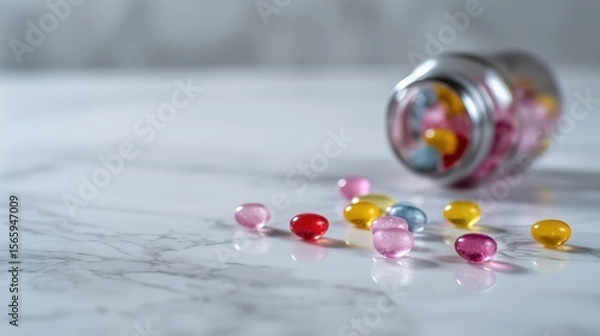 Fototapeta Colorful Pills Scattered on Marble Surface with Blurred Medicine Bottle in Close-Up