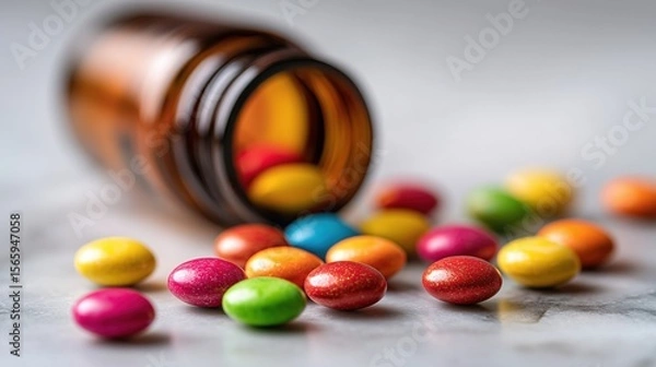 Fototapeta Colorful Pills Scattered on Marble Surface with Blurred Medicine Bottle in Close-Up
