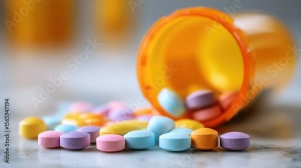 Fototapeta Colorful Pills Scattered on Marble Surface with Blurred Medicine Bottle in Close-Up