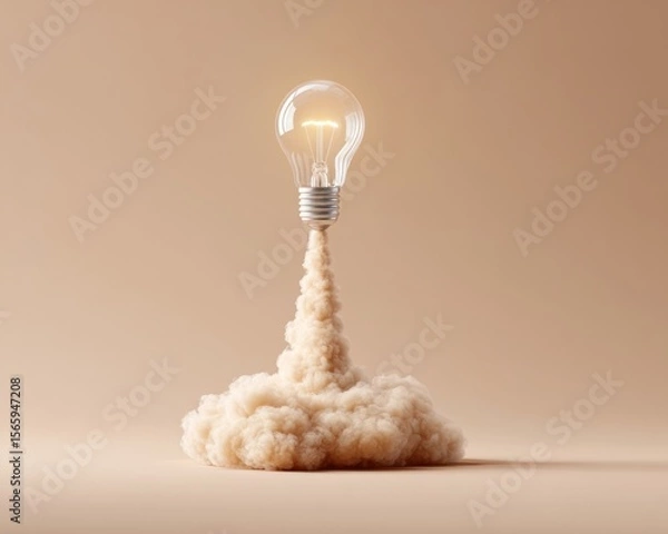 Fototapeta Modern glowing light bulb liftoff with vapor trail symbolizing innovation and creativity for premium corporate and tech marketing content