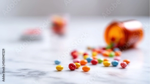 Fototapeta Colorful Pills Scattered on Marble Surface with Blurred Medicine Bottle in Close-Up