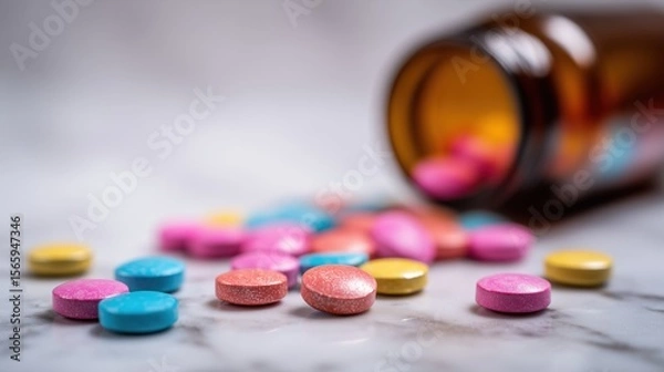 Fototapeta Colorful Pills Scattered on Marble Surface with Blurred Medicine Bottle in Close-Up