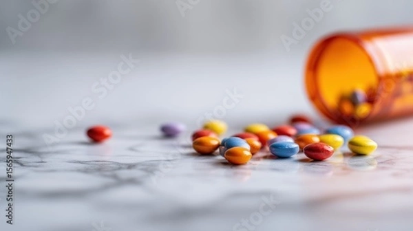 Fototapeta Colorful Pills Scattered on Marble Surface with Blurred Medicine Bottle in Close-Up