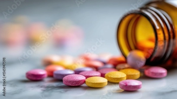 Fototapeta Colorful Pills Scattered on Marble Surface with Blurred Medicine Bottle in Close-Up
