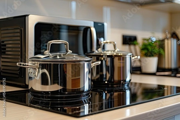 Fototapeta vibrant color picture of Close up of home appliances  Microwave  Kettle  Induction cooker