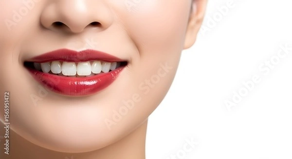 Fototapeta 魅力的な赤い口紅を塗った女性の笑顔 - 美容、ファッション、歯科医療の広告用イメージ