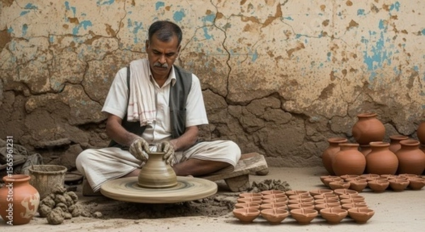 Obraz Ai generated image of a craftsman skillfully shapes clay on a pottery wheel