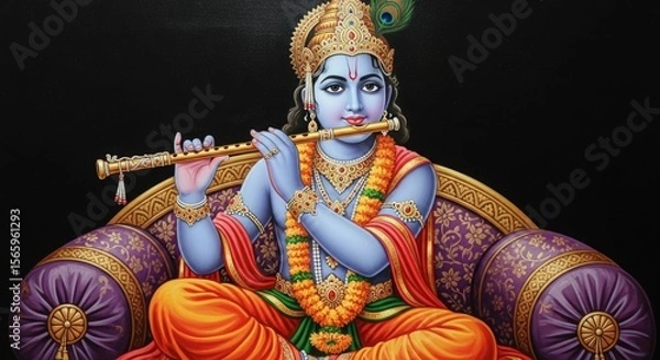 Obraz Ai generated image of krishna, the hindu god, plays his flute serenely