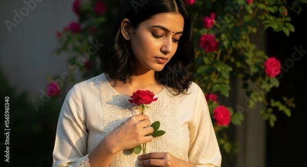 Obraz Ai generated image of a young woman holds a single red rose in a garden