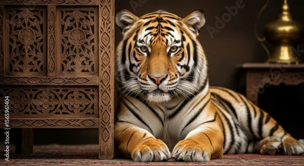 Obraz Ai generated image of a majestic tiger rests near an ornate wooden cabinet