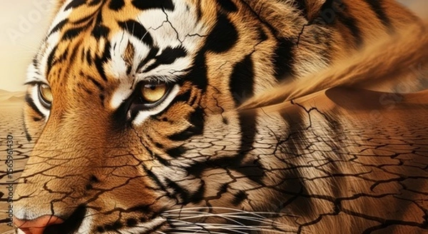 Obraz Ai generated image of closeup of a tigers intense gaze over a cracked desert landscape